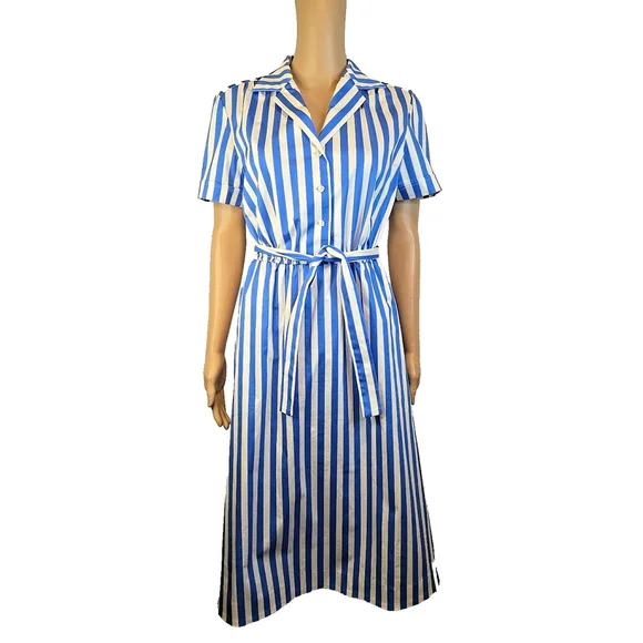 J Peterman Size 6 Blue White Striped Belted Shirt Dress Midi Pockets Classic - Picture 3 of 12